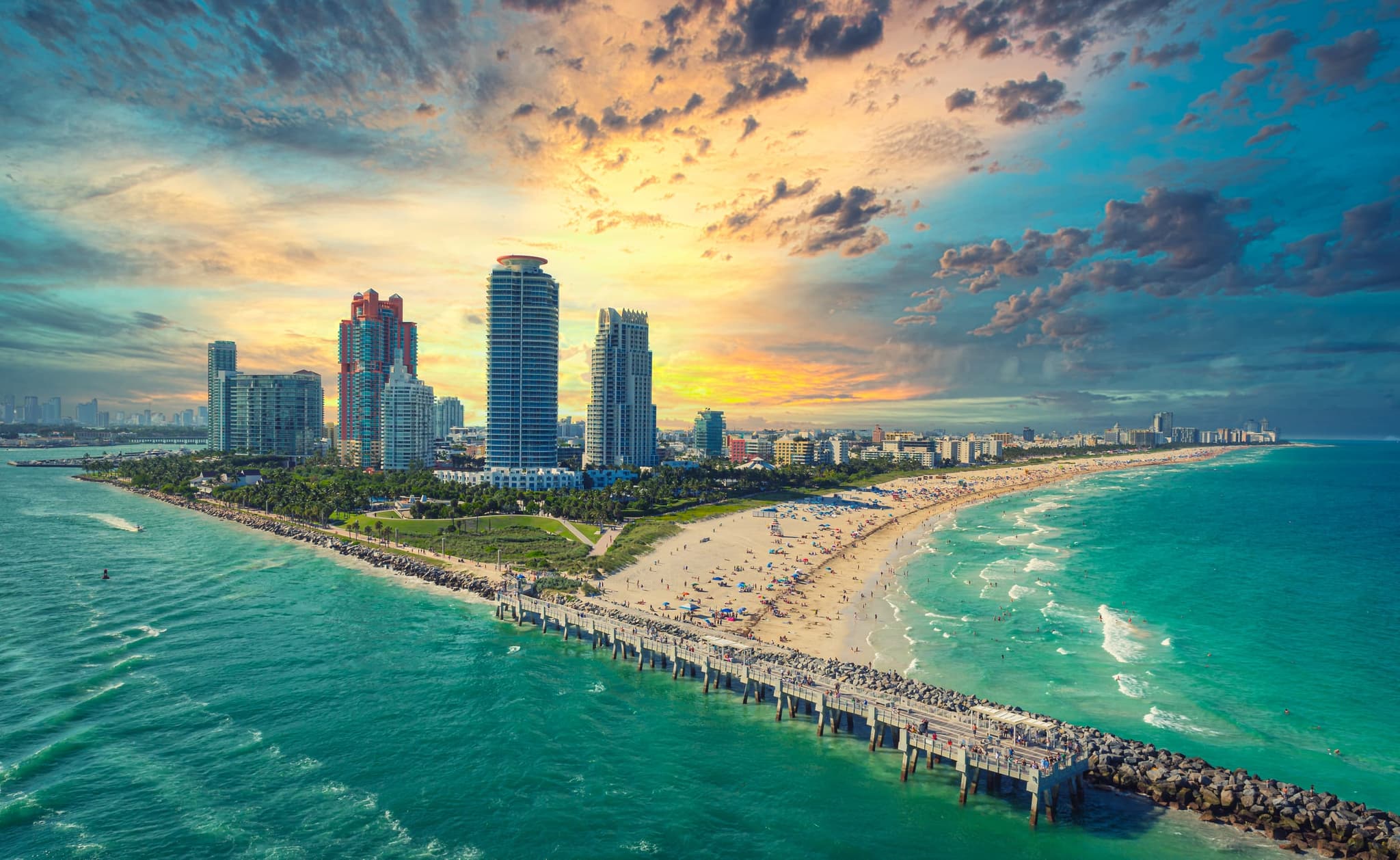 South of Fifth Miami Beach — aerial view at golden sunset