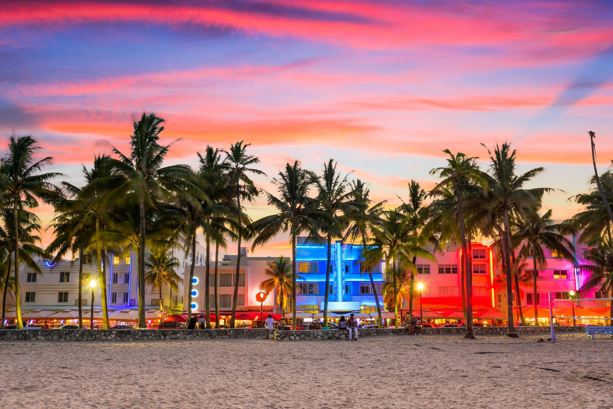Ocean Drive at sunset — Art Deco palms and neon lights
